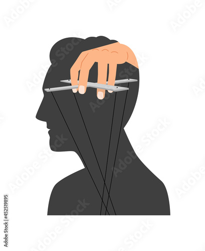 Mind manipulation. Head brain control silhouette vector illustration, human thought authority manipulating threads, man think power slave concept