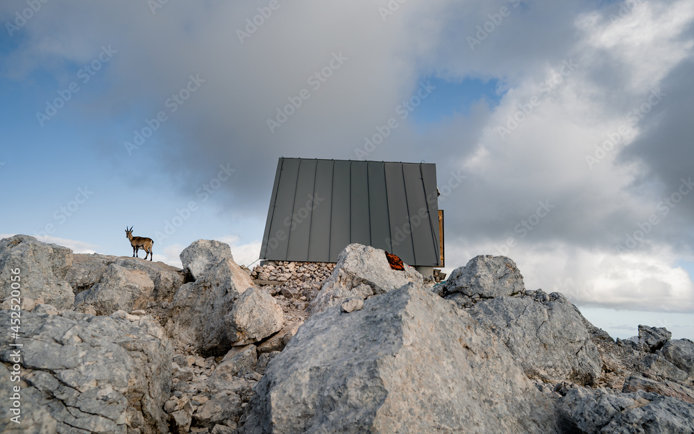 Φωτογραφία Panorama view on Bivouac Luca Vuerich is a mountain shelter for mountaineers and hikers, located at an altitude of 2,531 meters in the Julian Alps, Italy