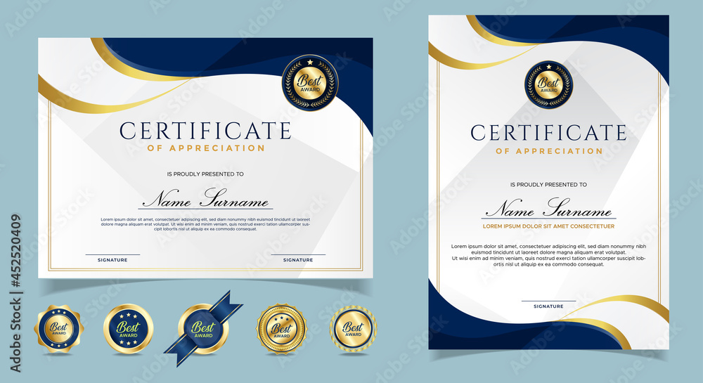 Certificate of appreciation template, gold and blue color. Clean modern certificate with gold badge. Certificate border template with luxury and modern line pattern. Diploma vector template. EPS 10 - obrazy, fototapety, plakaty 