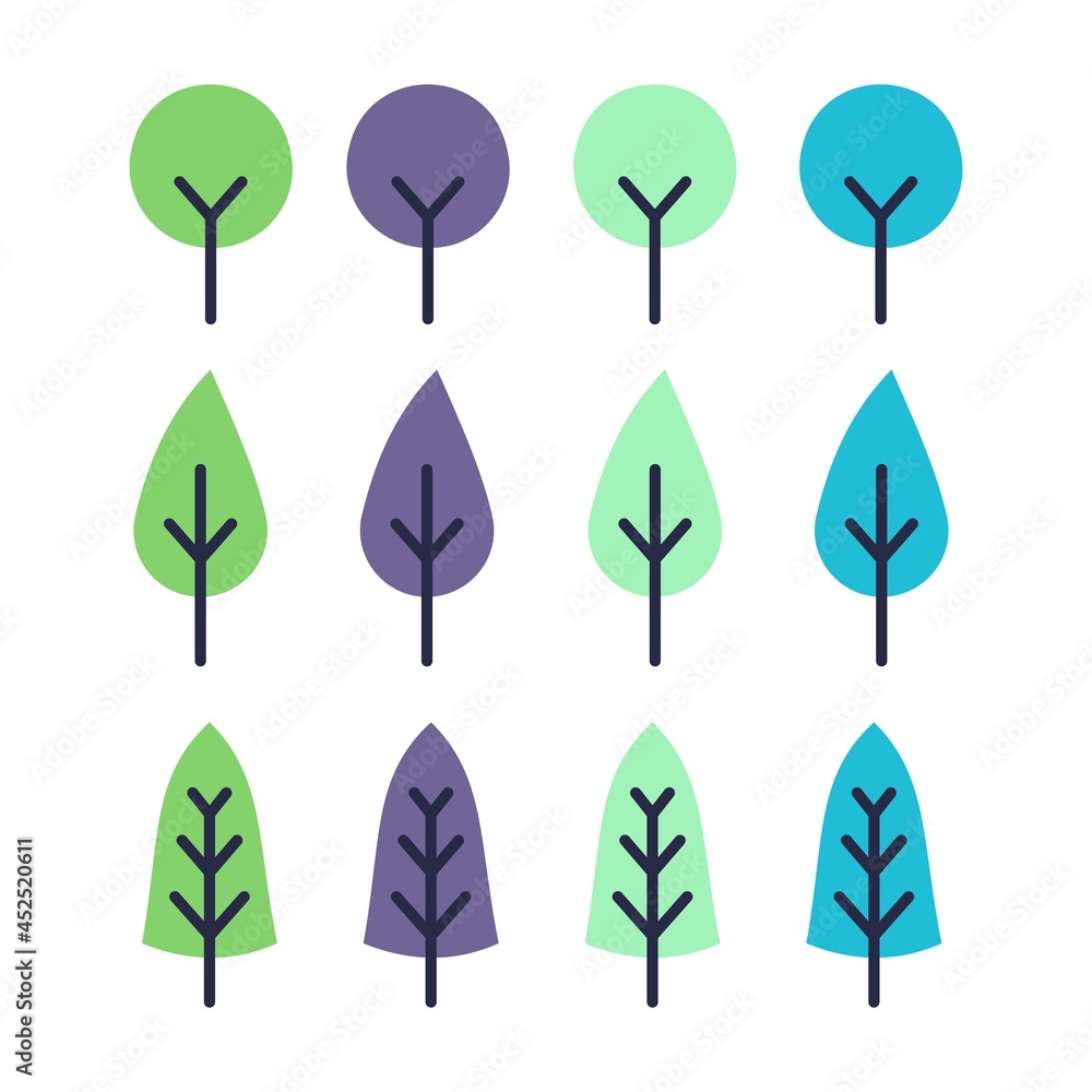 Minimal landscape trees. Forest tree with green purple and blue foliage. Decorative graphic elements. Ecology label, environment and botanical objects. Vector simple flat cartoon isolated set Minimal landscape trees. Forest tree with green purple and blue foliage. Decorative graphic elements. Ecology label, environment and botanical objects. Vector simple flat cartoon isolated set
