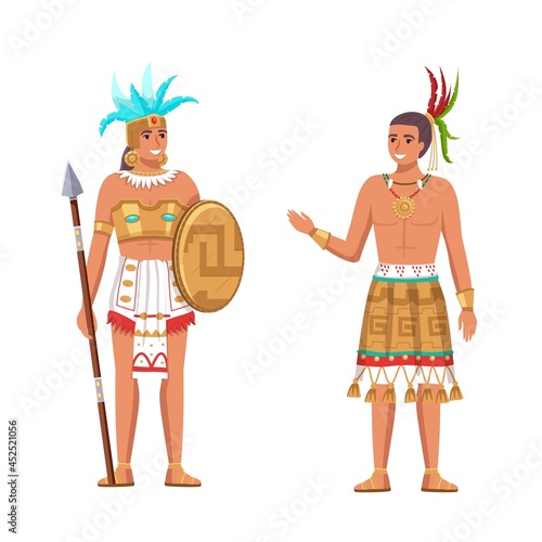 Indians Maya civilization. Historical heritage. Native American ethnicity. Cartoon man and woman in tribal costumes. Mayan persons with weapon and feather headwear. Vector people set