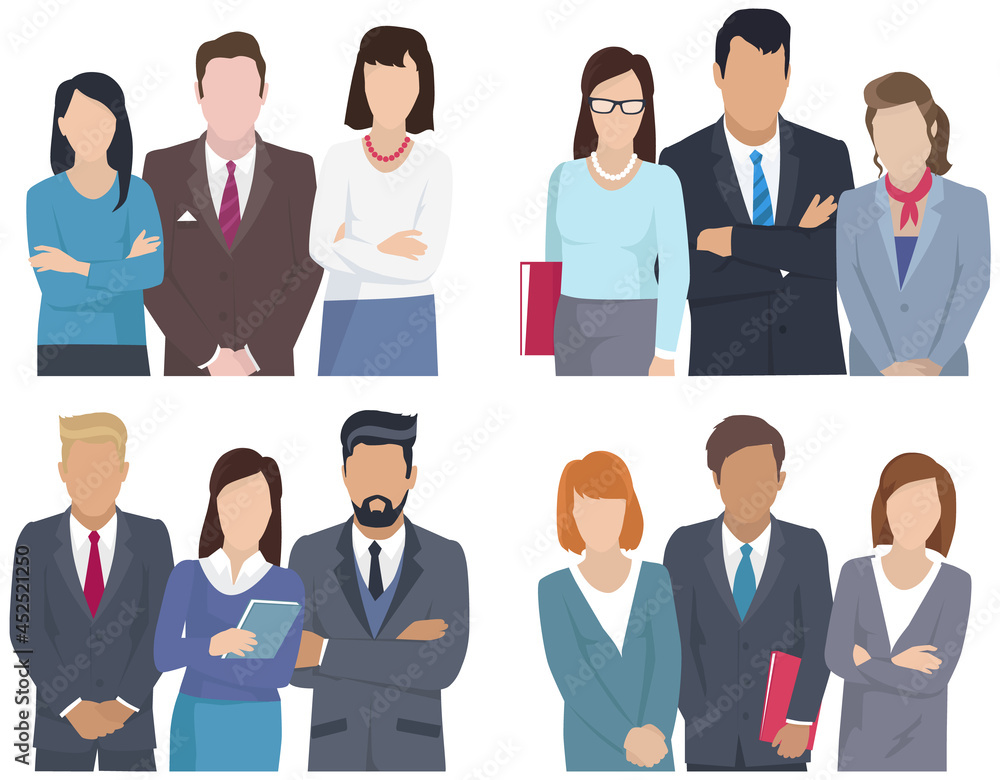 Business team ready to work. Teamwork. Coworkers characters communication. Team building and business partnership. Businessmen people cooperation collaboration. Office workers clerks standing together Business team ready to work. Teamwork. Coworkers characters communication. Team building and business partnership. Businessmen people cooperation collaboration. Office workers clerks standing together