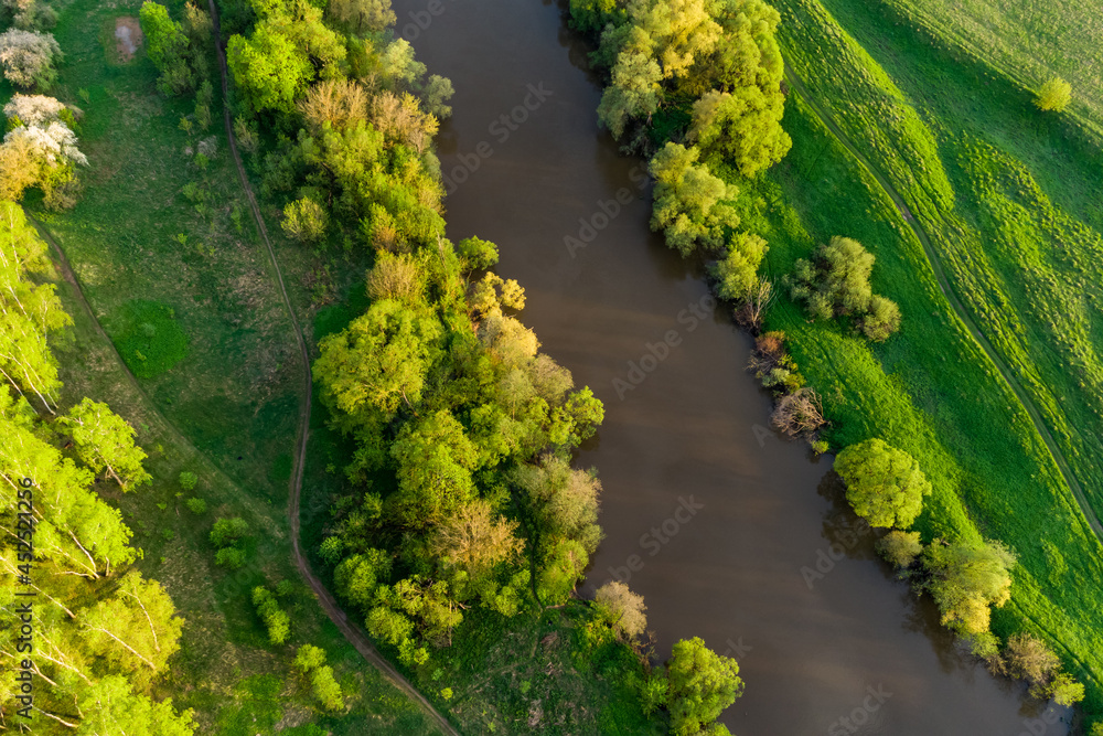 Small river in the middle of green landscape, aerial view