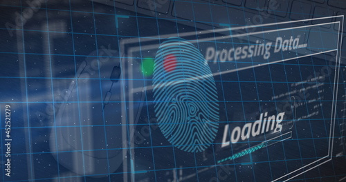 Image of data processing on screen over biometric fingerprint