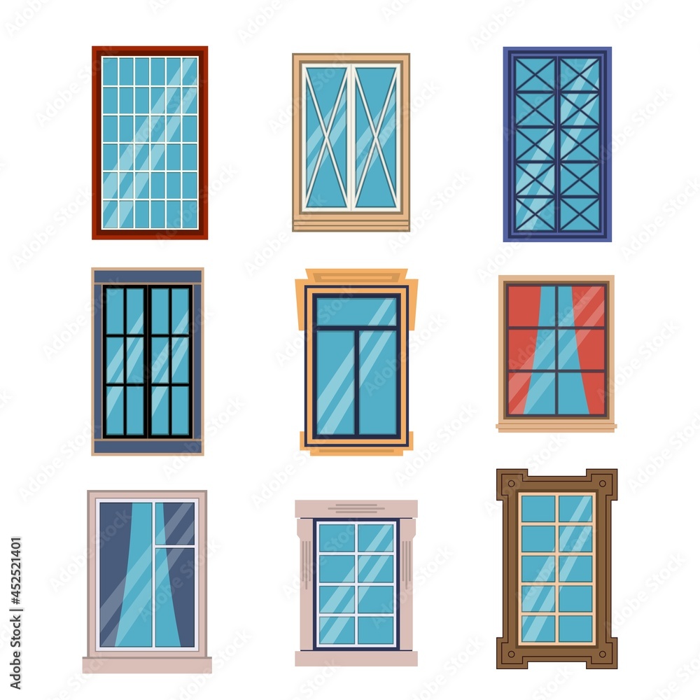 Windows frames flat. Colorful various window frame wooden and plastic with sills front view, exterior architectural house wall. Building modern and classic exterior vector isolated set Windows frames flat. Colorful various window frame wooden and plastic with sills front view, exterior architectural house wall. Building modern and classic exterior vector isolated set