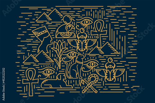Egyptian elements poster gold. An illustration in a vector with the symbols of Egypt of the old. Gods, Scarabs, Eyes, Cats, Keys and Pyramids. Linear pattern of the ancient world of Egypt. Vector