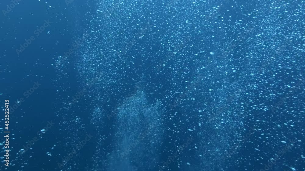 Air bubbles floating from sea bottom to the water surface. Air bubbles in the blue water