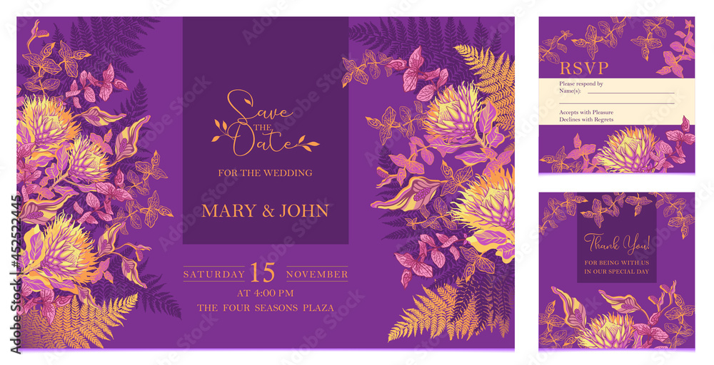 Luxury fashion wedding invitation set template with exotic protea flowers, fern. Vector illustration. Suitable for design of fabric, linen, shawls, packaging, scrapbooks, wallpaper.