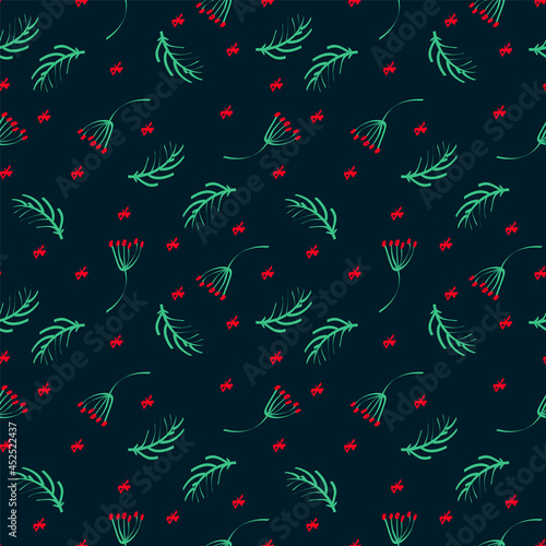 The pattern is a New Year's doodle pattern. Merry Christmas and a Happy New Year. Background for textiles with pine branches and berries of Christmas. Backing for gift paper. Vector illustration