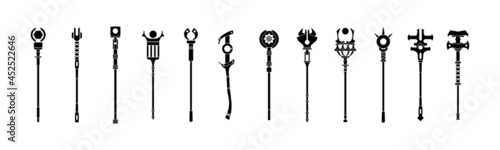 Black wizard staff. Magic sorcerer scepter and shaman tools silhouette, warlock theurgical staff for game UI. Antique mystery weapon with decorative elements, vector isolated set