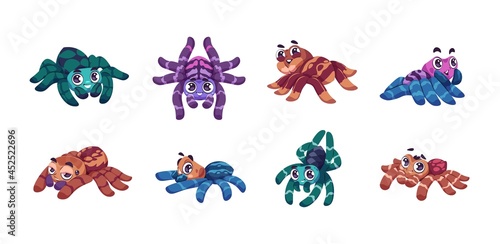 Cartoon spider. Cute child insect mascot with funny big eyes for kids illustration. Colorful tarantula collection. Halloween spidery creatures. Vector isolated arachnid characters set