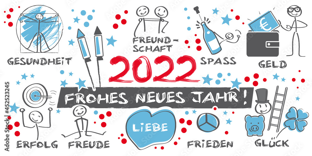 2022 Frohes neues Jahr illustrierte Grußkarte mit Symbolen