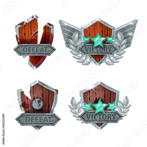 Defeat victory game badge vector icon set, level up rank medal award achievement, broken shield, star. Medieval battle lose reward concept, winner champion emblem. UI fantasy rating logo, game badge