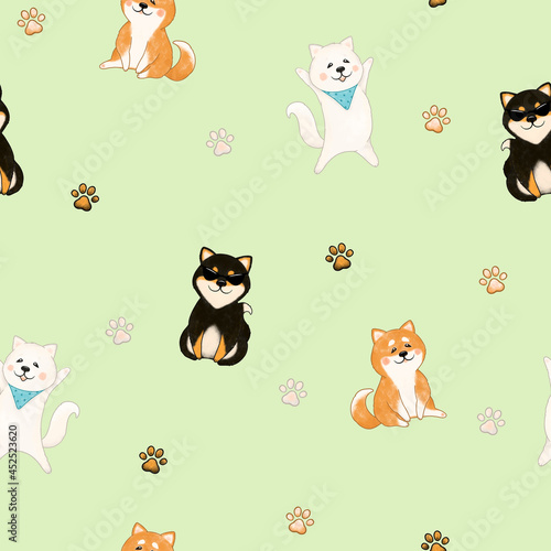 Shiba inu dog seamless pattern black  red  white and dog paw print. Cute dogs are sitting  having fun. Pattern for fabric  t-shirt  background.