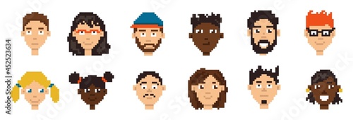 Pixel avatars. Hero character minimalistic game portrait concept. Cartoon player network account icon design collection. Simple female and male face. Vector retro boy and girl heads set