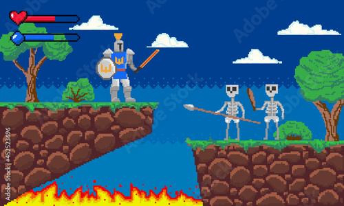 Pixel game. Platform 8-bit video gaming screen with gameplay skeleton enemies and knight player. Arcade adventure interface template. Old computer entertainment. Vector illustration