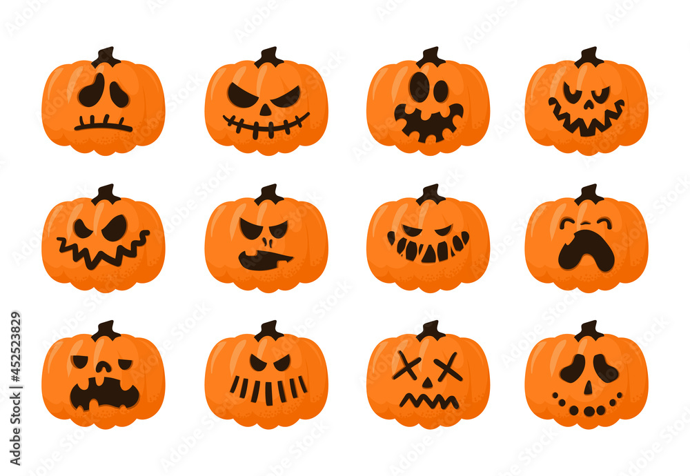 Pumpkin faces. Scary Halloween carved symbol with spooky emotions, Jack face bright pumpkins collection, autumn celebration symbol. Decor elements for design. Vector cartoon isolated set Pumpkin faces. Scary Halloween carved symbol with spooky emotions, Jack face bright pumpkins collection, autumn celebration symbol. Decor elements for design. Vector cartoon isolated set