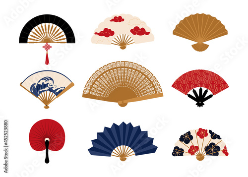 Paper fan. Chinese folding painted hand accessories. Japanese traditional vintage clothing decorative elements collection. Isolated Asian bright souvenirs. Vector oriental clothes set
