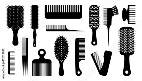Black hair brush. Silhouettes of combs for haircut. Barber and hairdresser tools. Hairstyling or haircutting equipment. Beauty salon elements. Vector round and flat hairbrushes set