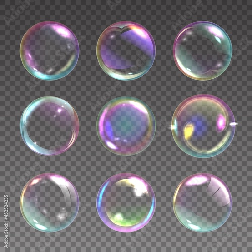 Realistic soap bubble. Detergent foam rainbow colored ball, laundry and shower color iridescent clear shampoo bubbles. Shiny washing circles. Vector isolated on transparent background set photo