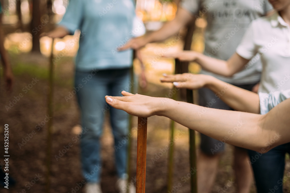 Close-up of the hands of people standing and holding sticks. Team building event for rallying and teamwork. High quality photo
