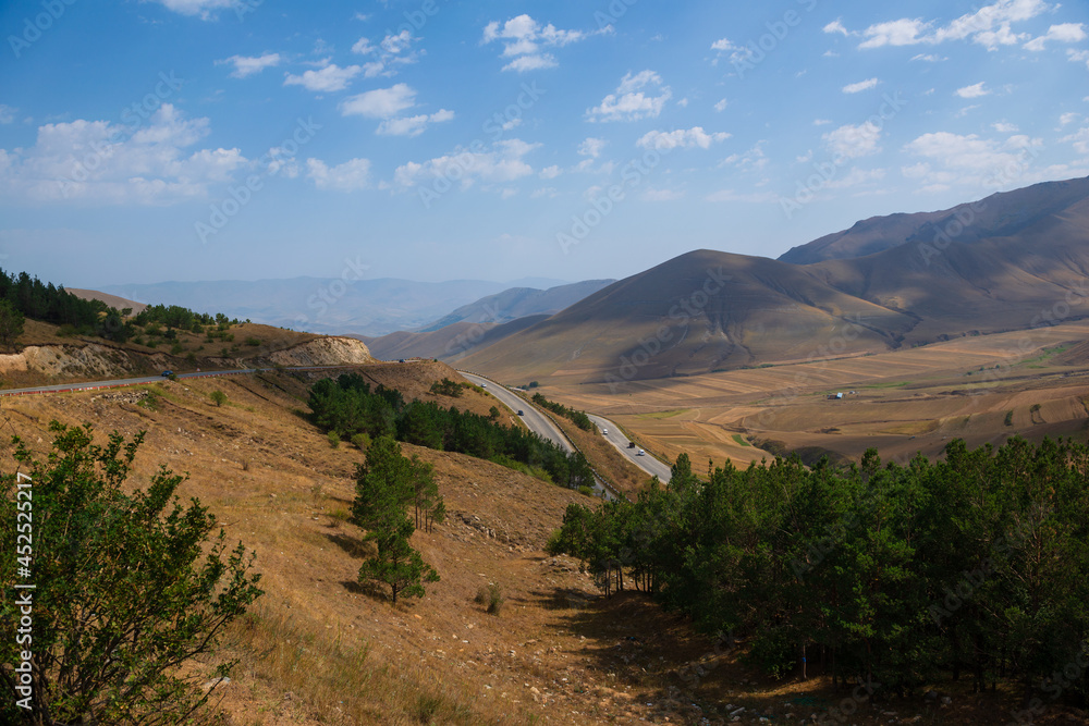 Summer landscape with forest mountains and road, Armenia