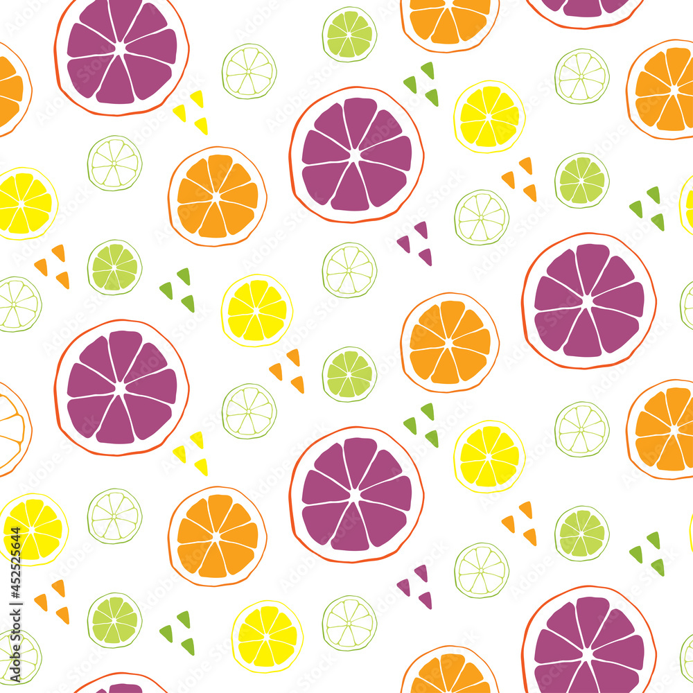 Seamless pattern with slice of lime, lemon, orange and 
grapefruit. Design for cosmetics, spa, health care products and perfume. Best for textile, wrapping paper, packaging, farmers market.