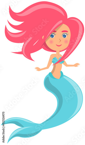 Beautiful mermaid on white background. Girl with fish tail. Water nymph, cute nixie. Cartoon nautical character lives in ocean. Sea dweller, seamaid fairy woman. Underwater animal life