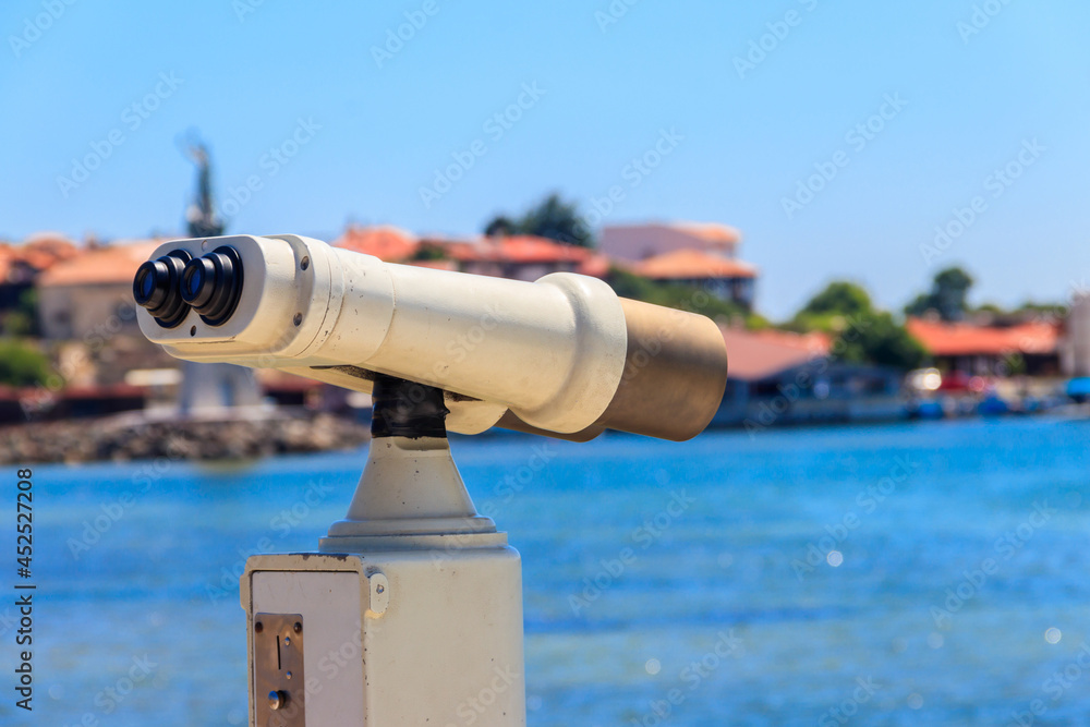 Coin operated binocular viewer for tourists in Nessebar, Bulgaria Coin operated binocular viewer for tourists in Nessebar, Bulgaria