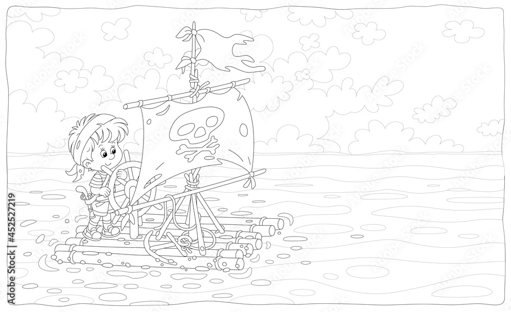 Fototapeta premium Happy little boy playing pirate on a raft with a sail with Jolly Roger and a toy steering wheel on an exciting adventure journey on summer vacation, black and white vector cartoon illustration