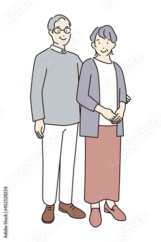 シンプル　イラスト　仲良く寄り添うシニア夫婦