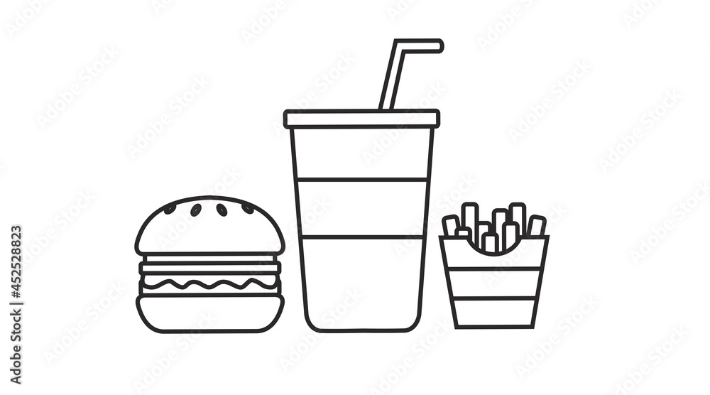 Burger, fries and soda vector illustration in simple line design. Fast food icon linear style, isolated on white background Burger, fries and soda vector illustration in simple line design. Fast food icon linear style, isolated on white background