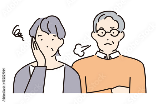 シンプル　イラスト　悩み事があるシニア夫婦