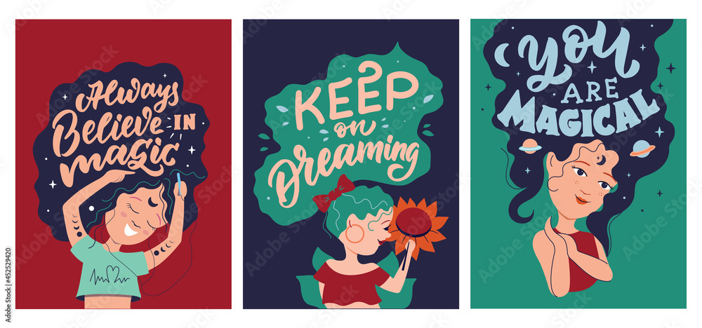 The set of cartoon girls with multicolored hairstyle . The collection woman's with magic quotes are good for girl and woman's designs, cards, posters, etc. Vector illustration
