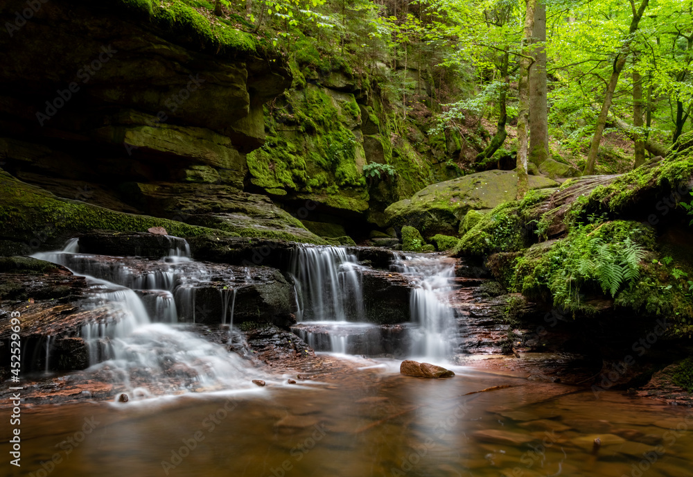 Fototapeta premium Wasserfall Bad Liebenzell Monbach Schlucht Baden-Württemberg Deutschland Canyon Idyll Naturschutzgebiet Wald Bach Schwarzwald Pforzheim Calw Kaskade Sommer Regen Wanderung Langzeitbelichtung