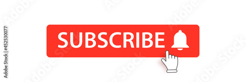 Flat subscribe button with ring bell isolated on white background. Subscribe banner design template with red flat Subscribe video or channel button and hand.