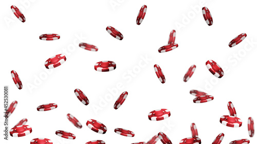 Red flying casino chips isolated on white background for your arts