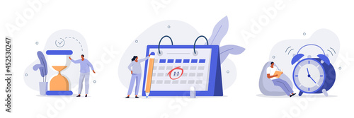 Time management and schedule planning scenes. Characters managing work and life time, organizing daily tasks and putting mark on calendar. Flat cartoon vector illustration and icons set.