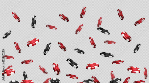 Falling poker gambling red and black chips isolated on transparent background for your arts