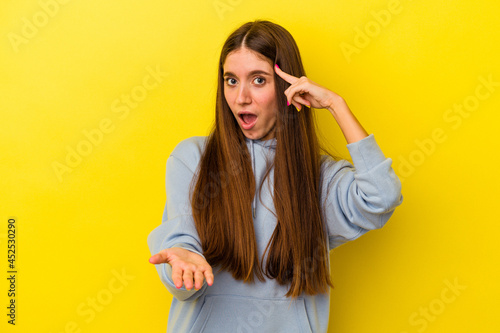 Young caucasian woman isolated on yellow background holding and showing a product on hand.