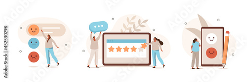 People сharacters giving feedback and choosing emoji to show satisfaction rating. Customer service and user experience concept. Flat cartoon vector illustration and icon set.