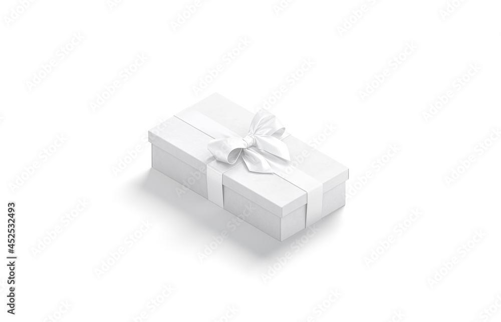 Blank white gift box with ribbon bow mockup, side view Blank white gift box with ribbon bow mockup, side view