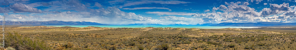 Panoramic view over argentine steppe near Lago Argentino during the day