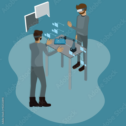 Flat design of virtual reality technology,Two men analyzing the production process from virtual reality simulator - vector