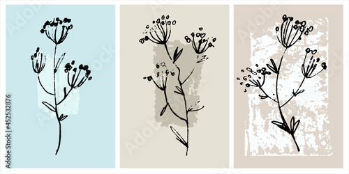 Home decor printable line art. Set of hand drawn vector brush-like paintings of flowers on backgrounds with brushstroke textures. Contemporary design for prints, posters, cards, textile