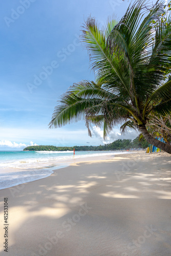 Beautiful kata beach in the bright day with coconut tree under the shade after COVID-19