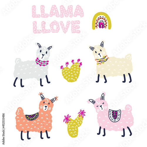 Doodle vector collection of lamas, cactuses and text LLAMA LLOVE. Perfect for scrapbooking, stickers, textile and prints. Hand drawn illustration for decor and design.

