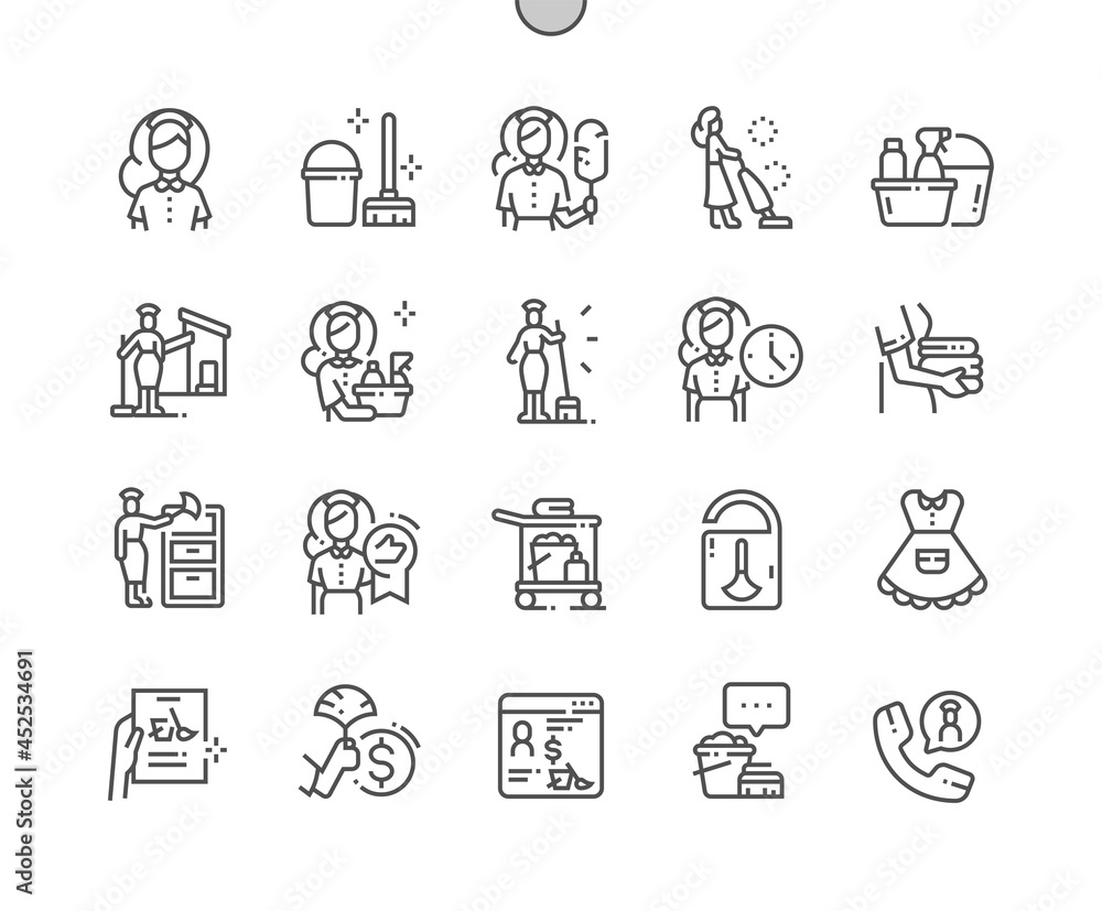 Maid. Cleaning service. House cleaner. Maid checklist. Clean towels. Pixel Perfect Vector Thin Line Icons. Simple Minimal Pictogram