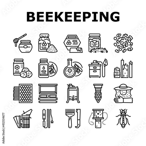 Beekeeping Profession Occupation Icons Set Vector. Bee Honey Bottle And Pollen Container, Royal Jelly And Beeswax Candles, Hand Tools And Smoker Beekeeping Business Black Contour Illustrations