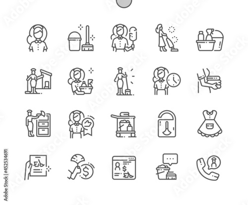 Maid. Cleaning service. House cleaner. Maid checklist. Clean towels. Pixel Perfect Vector Thin Line Icons. Simple Minimal Pictogram